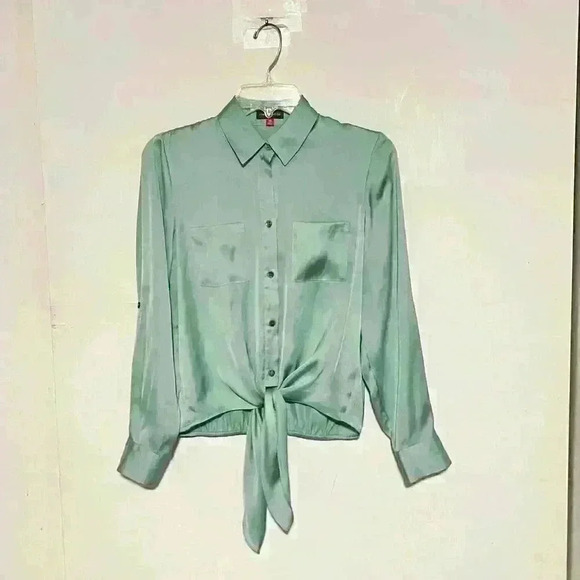 Vince Camuto Green Satin Iridescent Button Up Tie Front Top Blouse - Picture 1 of 4